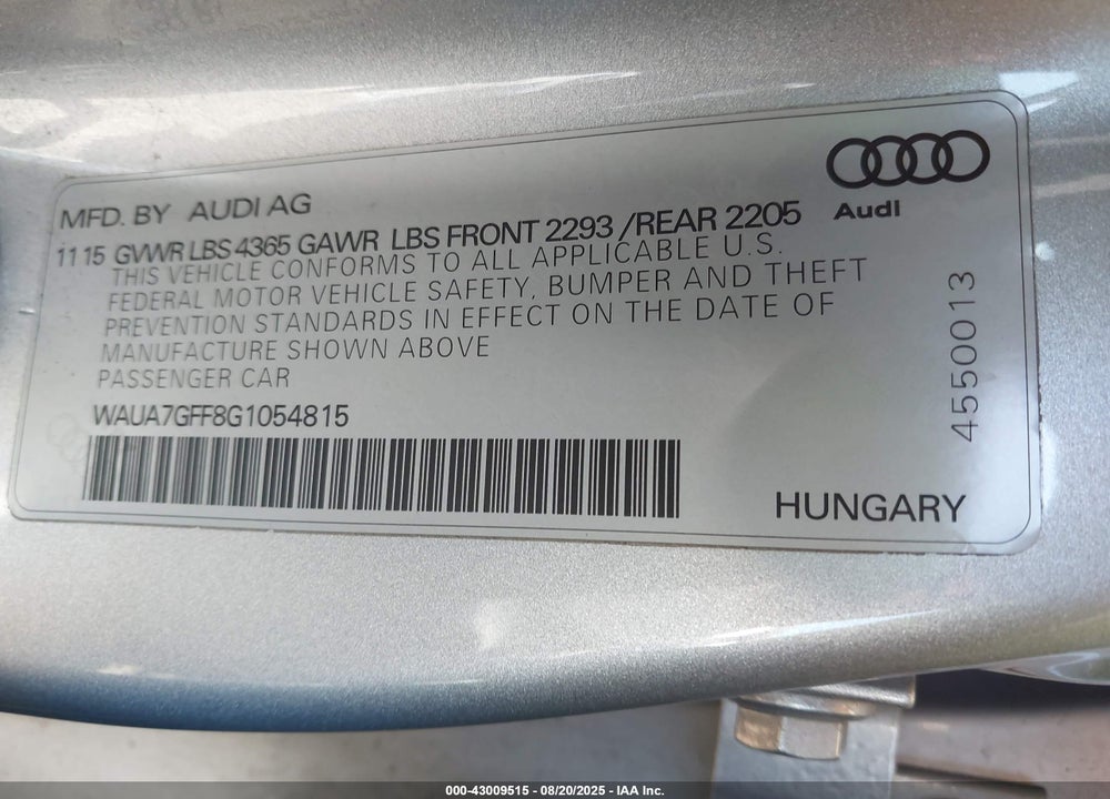 2016 AUDI A3 1.8T PREMIUM VIN: WAUA7GFF8G1054815