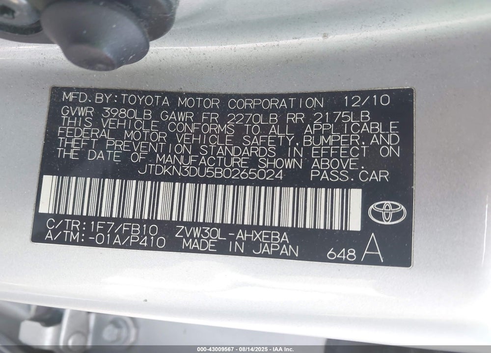 2011 TOYOTA PRIUS VIN: JTDKN3DU5B0265024