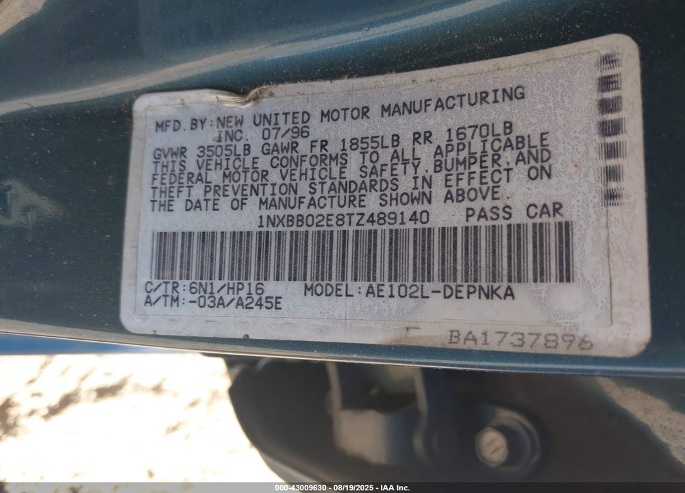 1996 TOYOTA COROLLA DX VIN: 1NXBB02E8TZ489140