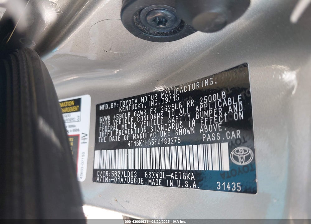 2015 TOYOTA AVALON VIN: 4T1BK1EB5FU189275