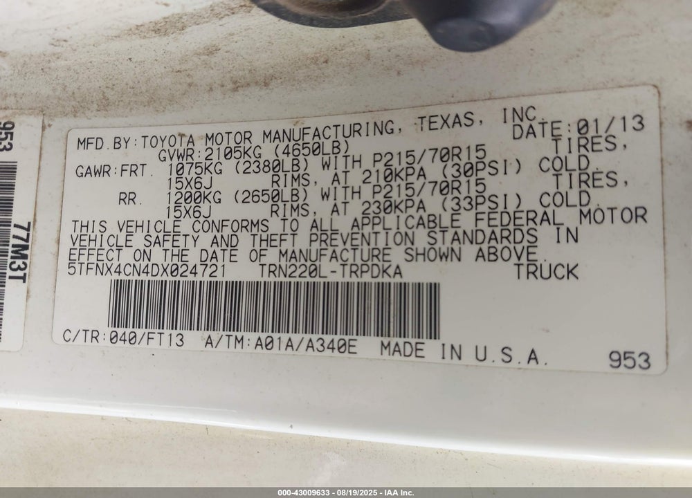 2013 TOYOTA TACOMA VIN: 5TFNX4CN4DX024721