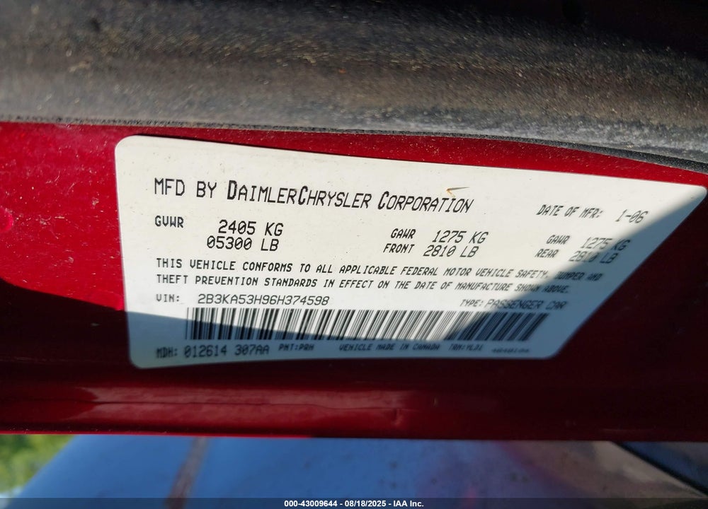 2006 DODGE CHARGER RT VIN: 2B3KA53H96H374598