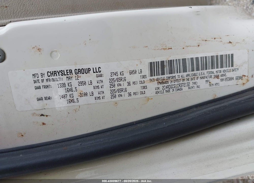 2012 DODGE GRAND CARAVAN SXT VIN: 2C4RDGCG1CR372132