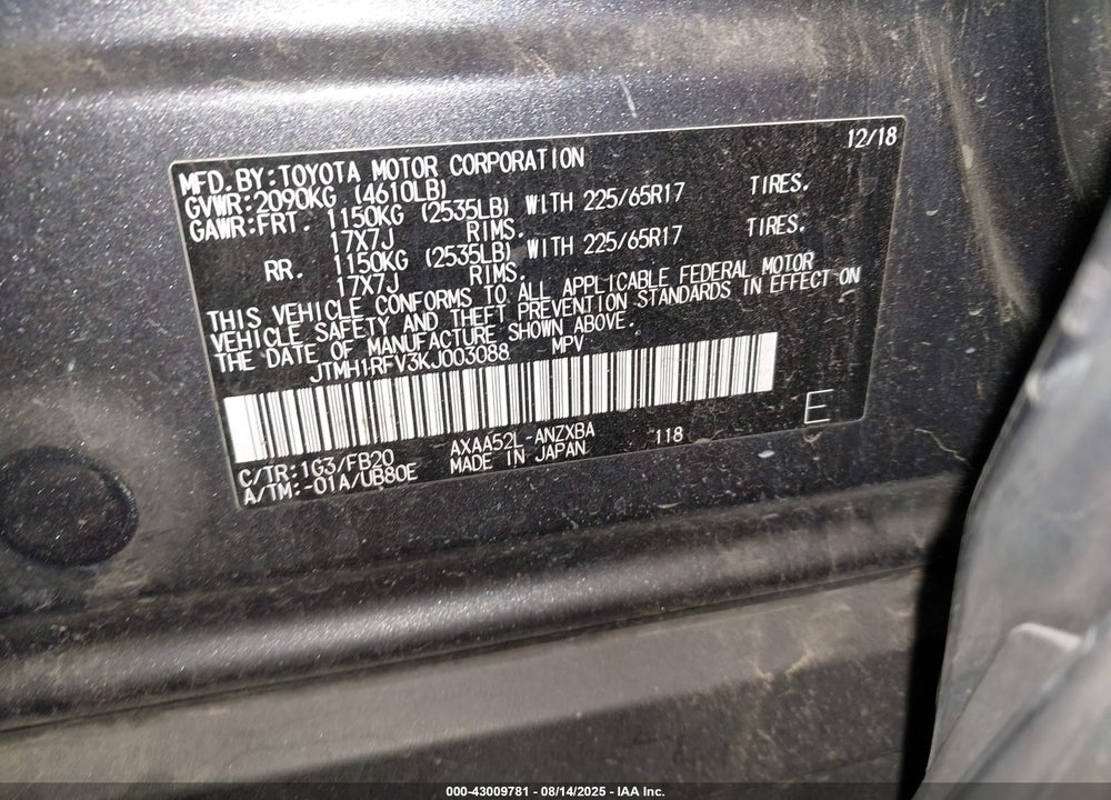 2019 TOYOTA RAV4 VIN: JTMH1RFV3KJ003088