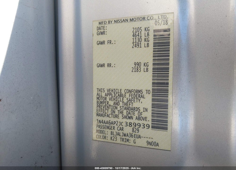2018 NISSAN MAXIMA 3.5 SV VIN: 1N4AA6AP2JC389939
