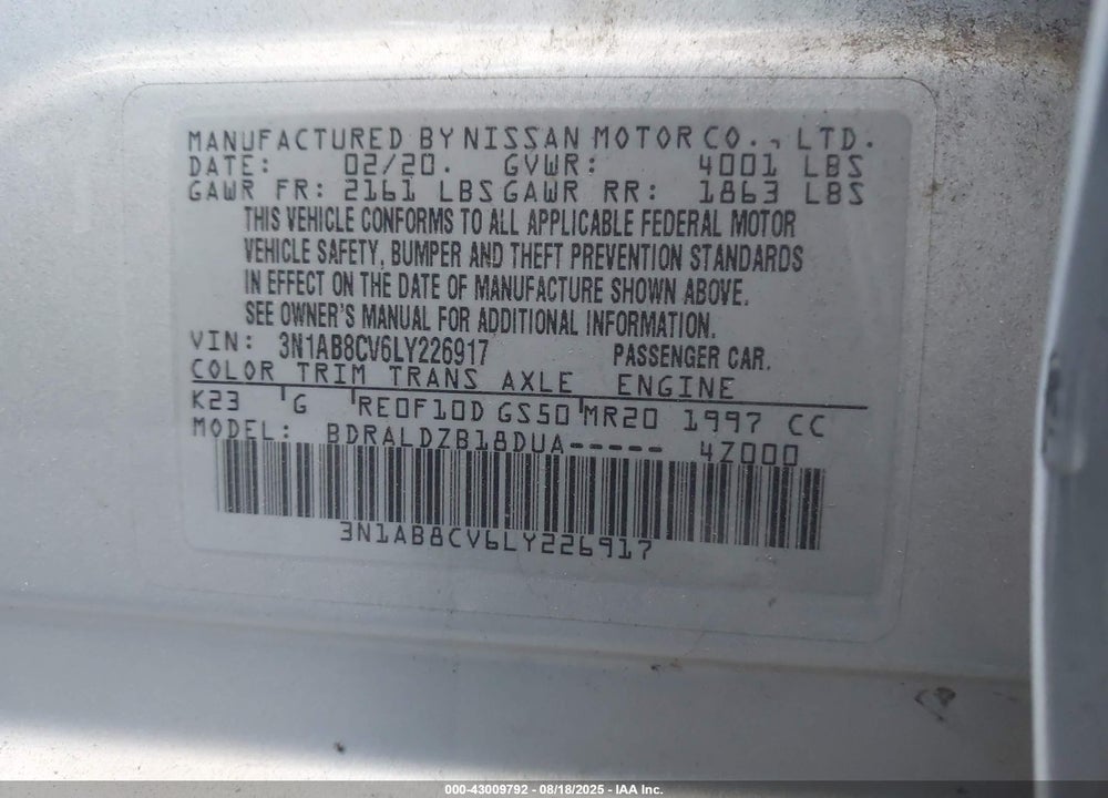 2020 NISSAN SENTRA VIN: 3N1AB8CV6LY226917
