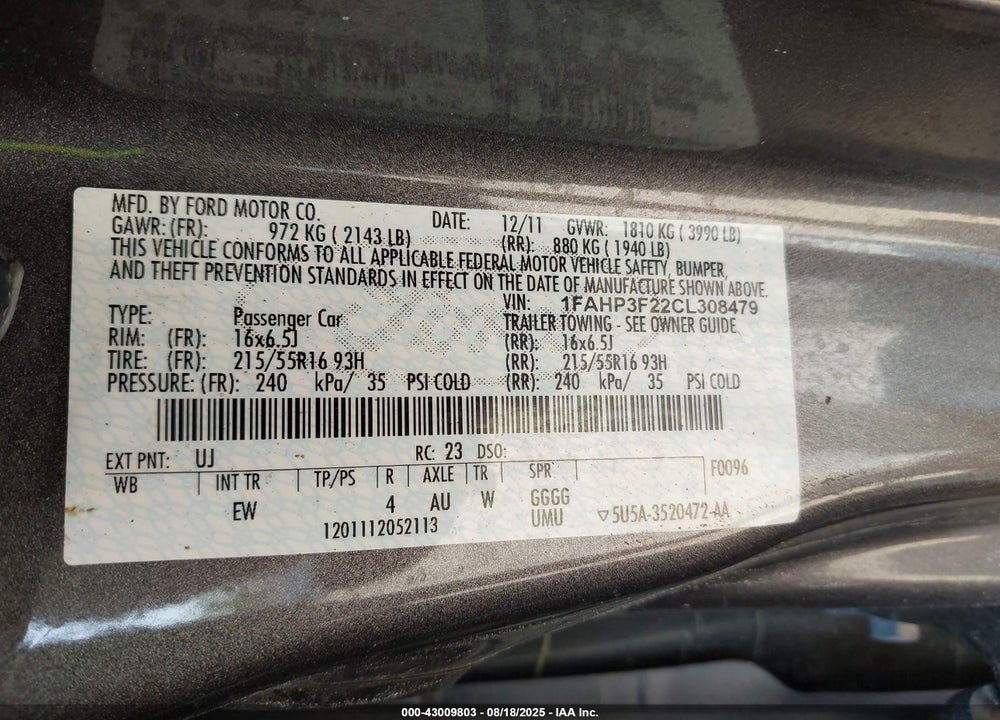 2012 FORD FOCUS VIN: 1FAHP3F22CL308479