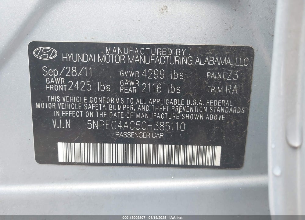2012 HYUNDAI SONATA VIN: 5NPEC4AC5CH385110