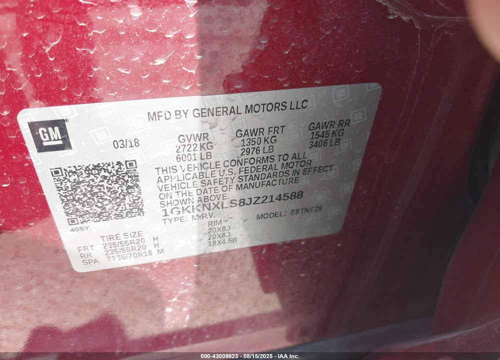 2018 GMC ACADIA VIN: 1GKKNXLS8JZ214588