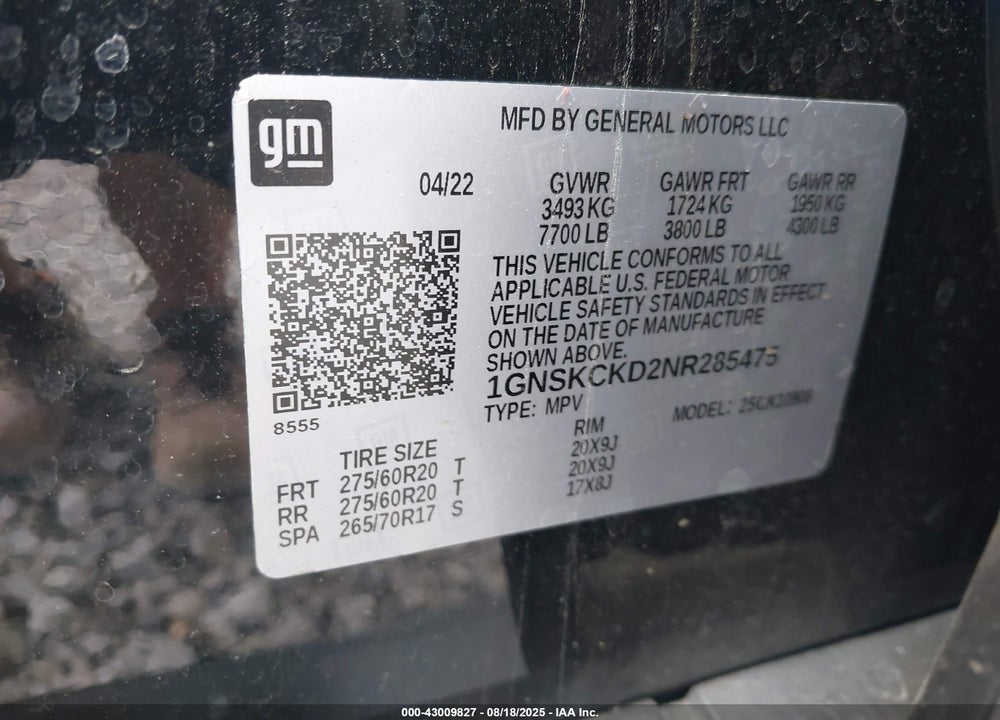 2022 CHEVROLET SUBURBAN VIN: 1GNSKCKD2NR285475
