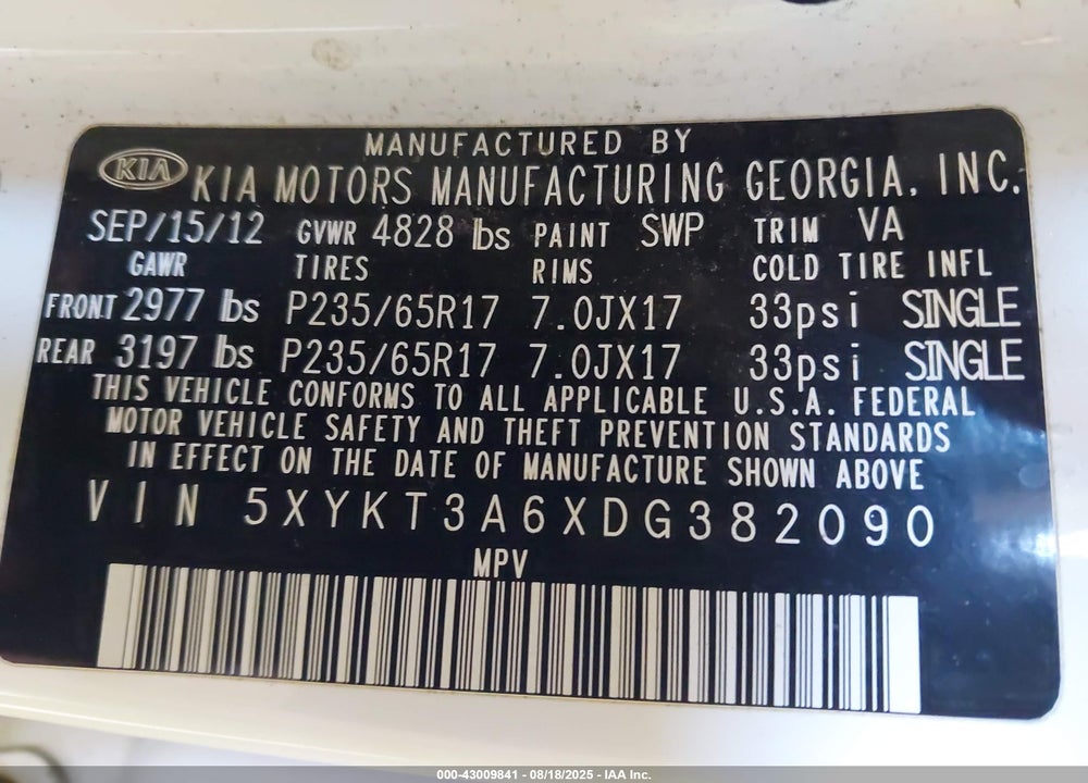 2013 KIA SORENTO VIN: 5XYKT3A6XDG382090