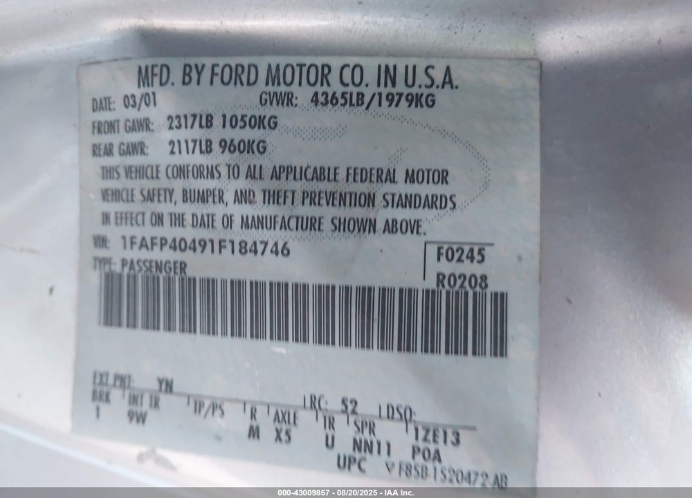 2001 FORD MUSTANG VIN: 1FAFP40491F184746