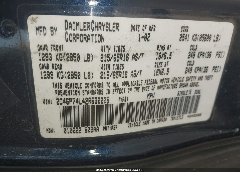 2002 CHRYSLER TOWN & COUNTRY EX VIN: 2C4GP74L42R632208