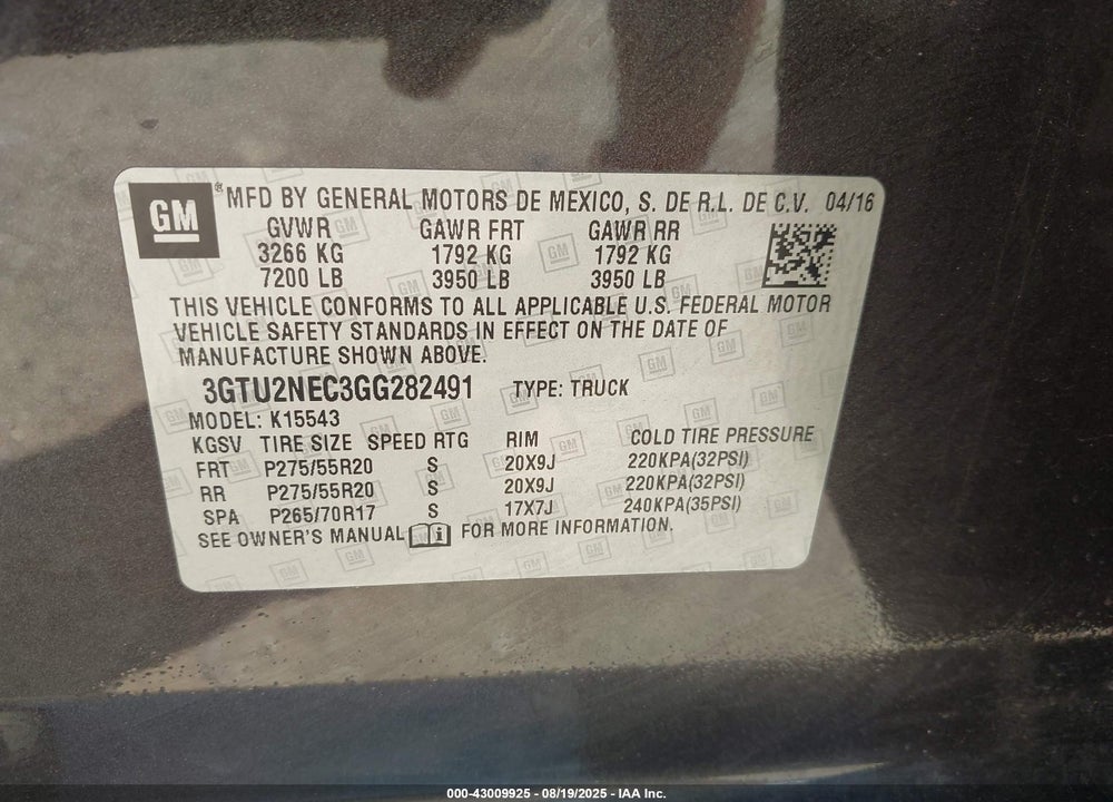 2016 GMC SIERRA 1500 VIN: 3GTU2NEC3GG282491
