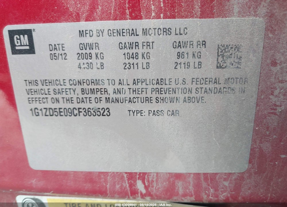 2012 CHEVROLET MALIBU VIN: 1G1ZD5E09CF363523