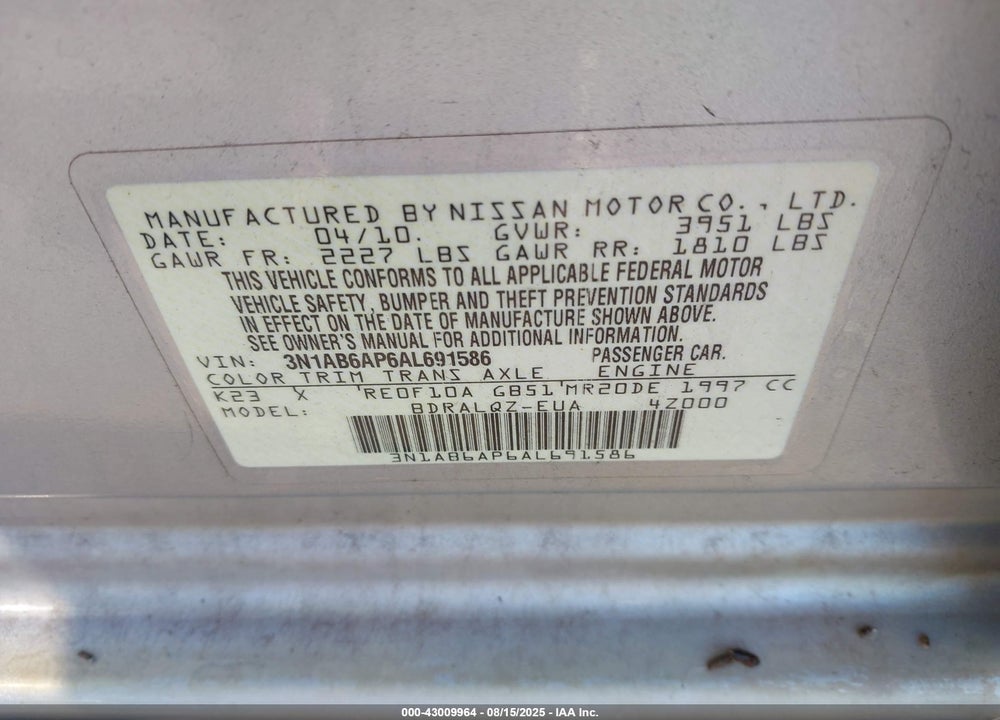 2010 NISSAN SENTRA VIN: 3N1AB6AP6AL691586