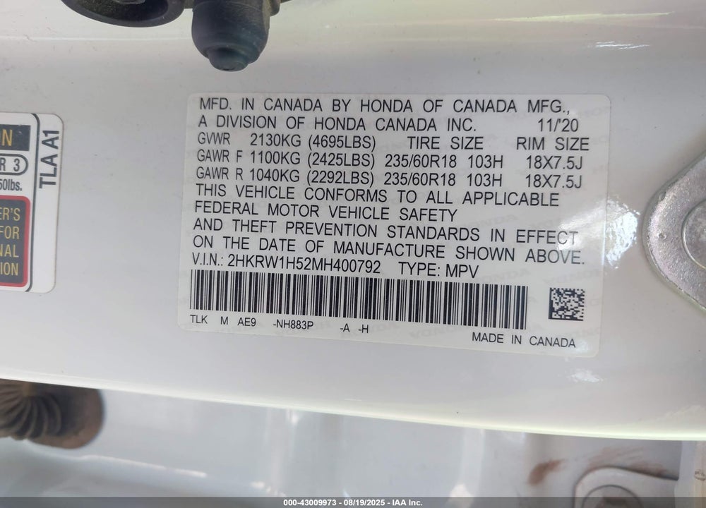 2021 HONDA CR-V 2WD EX VIN: 2HKRW1H52MH400792