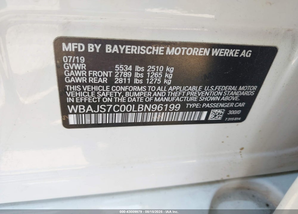 2020 BMW M550I XDRIVE VIN: WBAJS7C00LBN96199