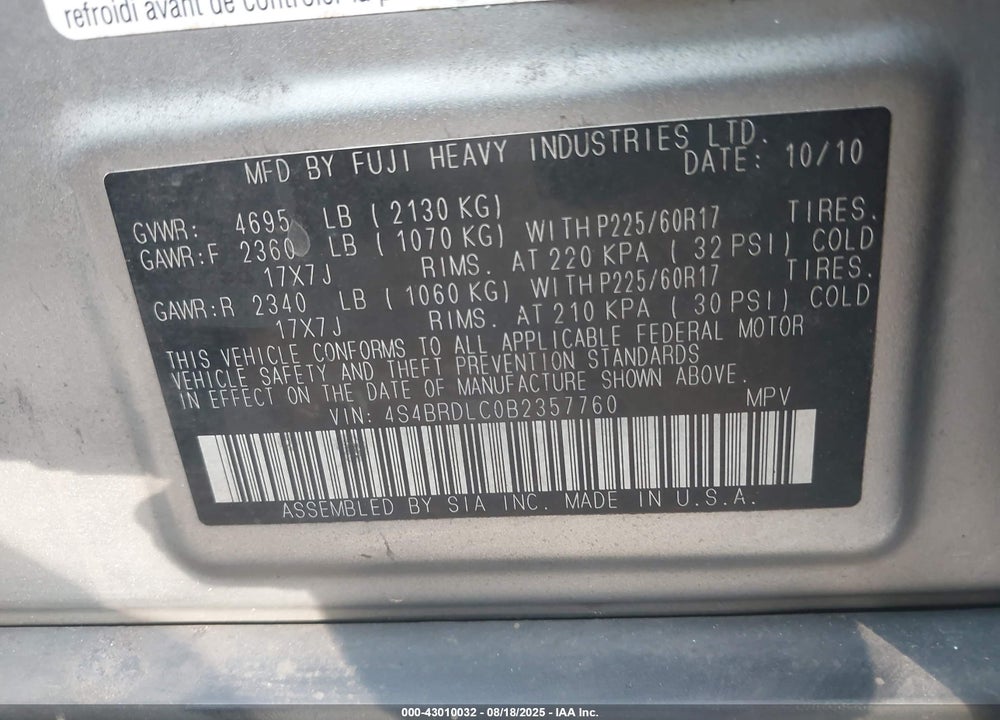 2011 SUBARU OUTBACK VIN: 4S4BRDLC0B2357760