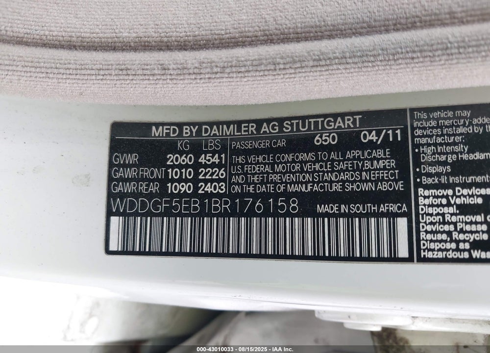 2011 MERCEDES-BENZ C CLASS VIN: WDDGF5EB1BR176158
