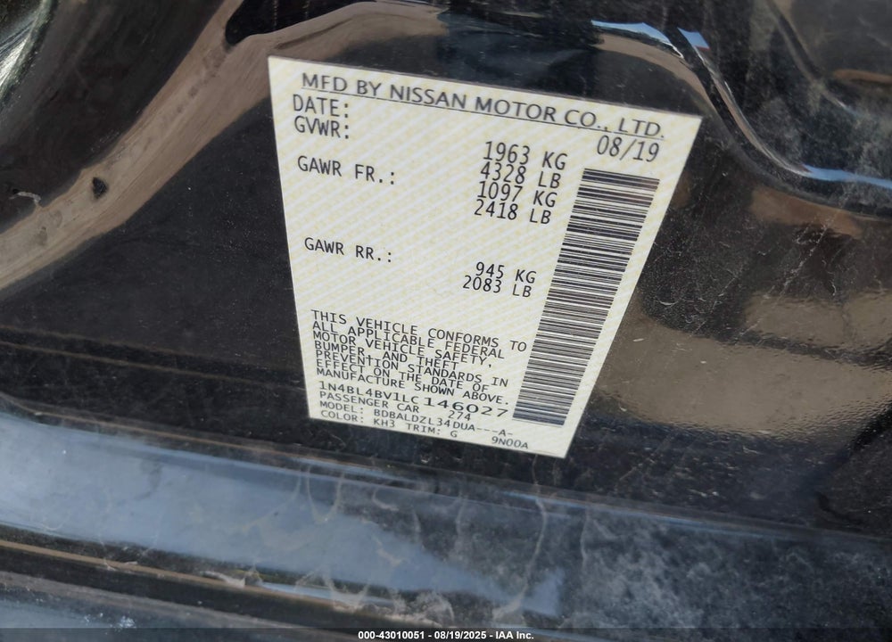 2020 NISSAN ALTIMA VIN: 1N4BL4BV1LC146027