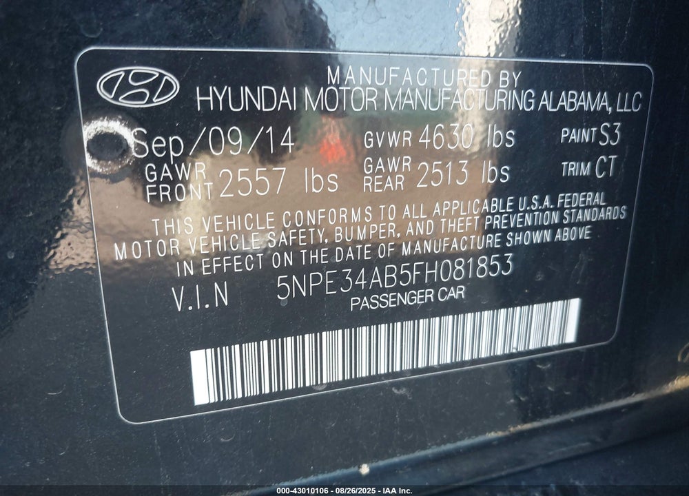 2015 HYUNDAI SONATA VIN: 5NPE34AB5FH081853