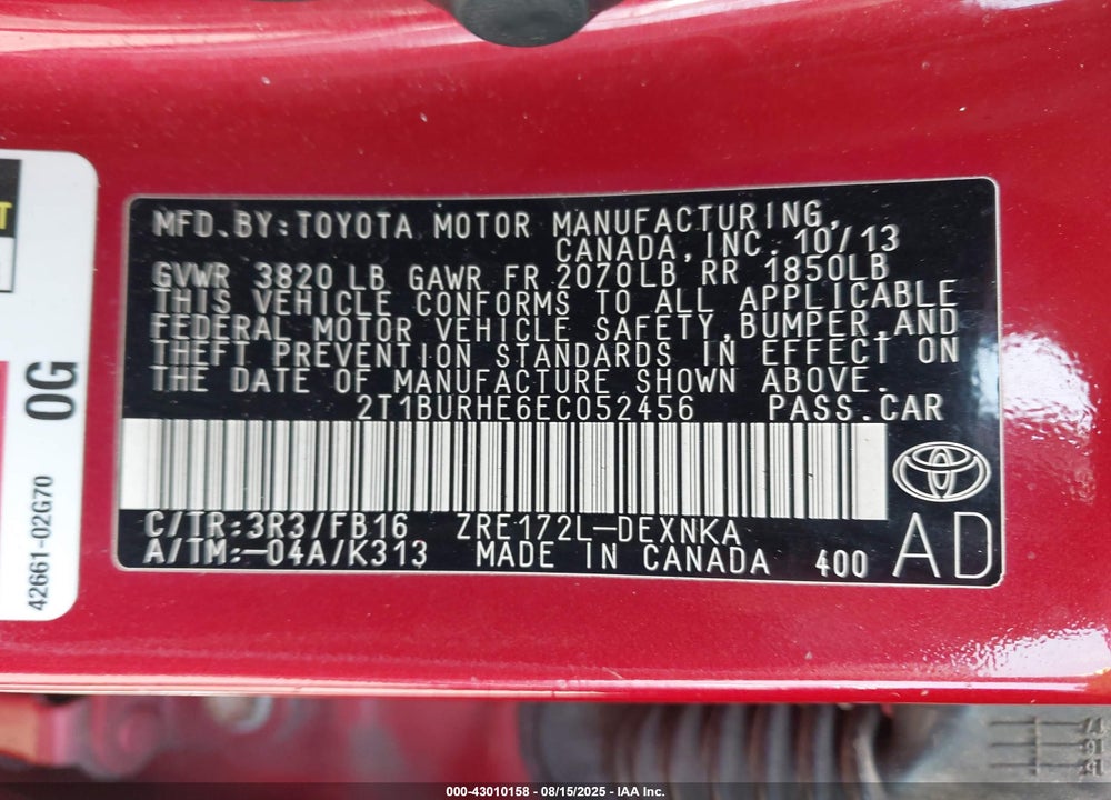 2014 TOYOTA COROLLA VIN: 2T1BURHE6EC052456