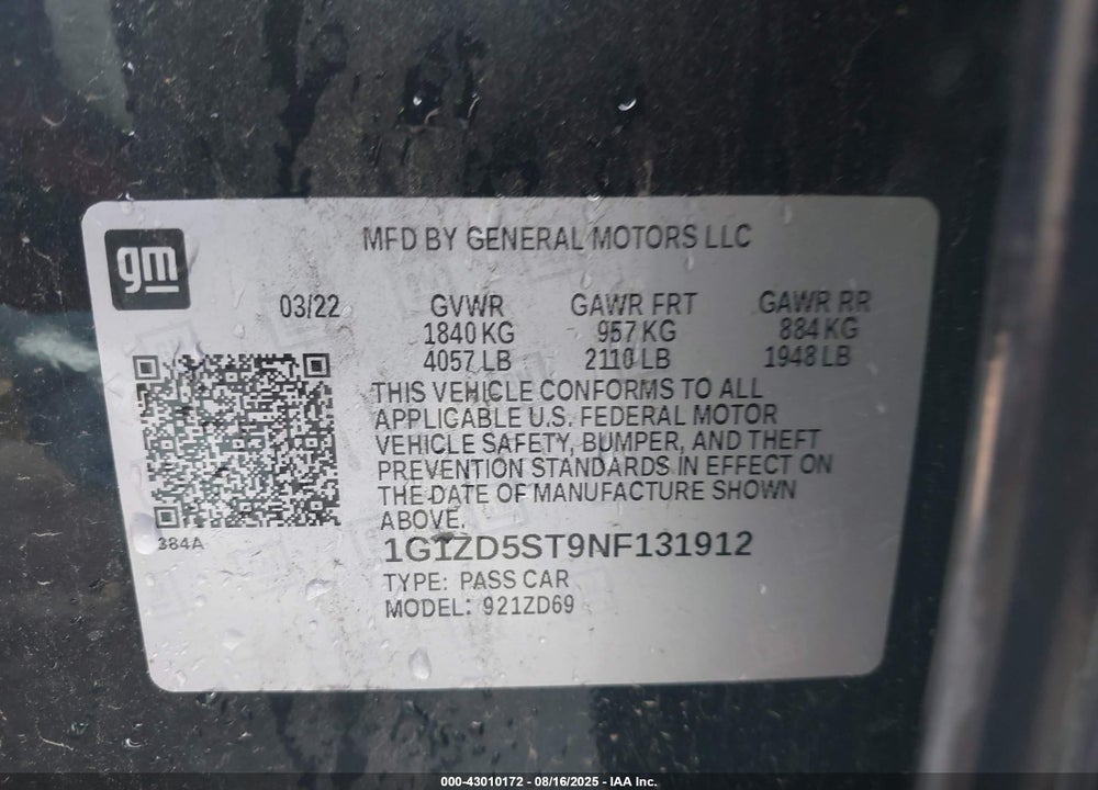 2022 CHEVROLET MALIBU FWD LT VIN: 1G1ZD5ST9NF131912
