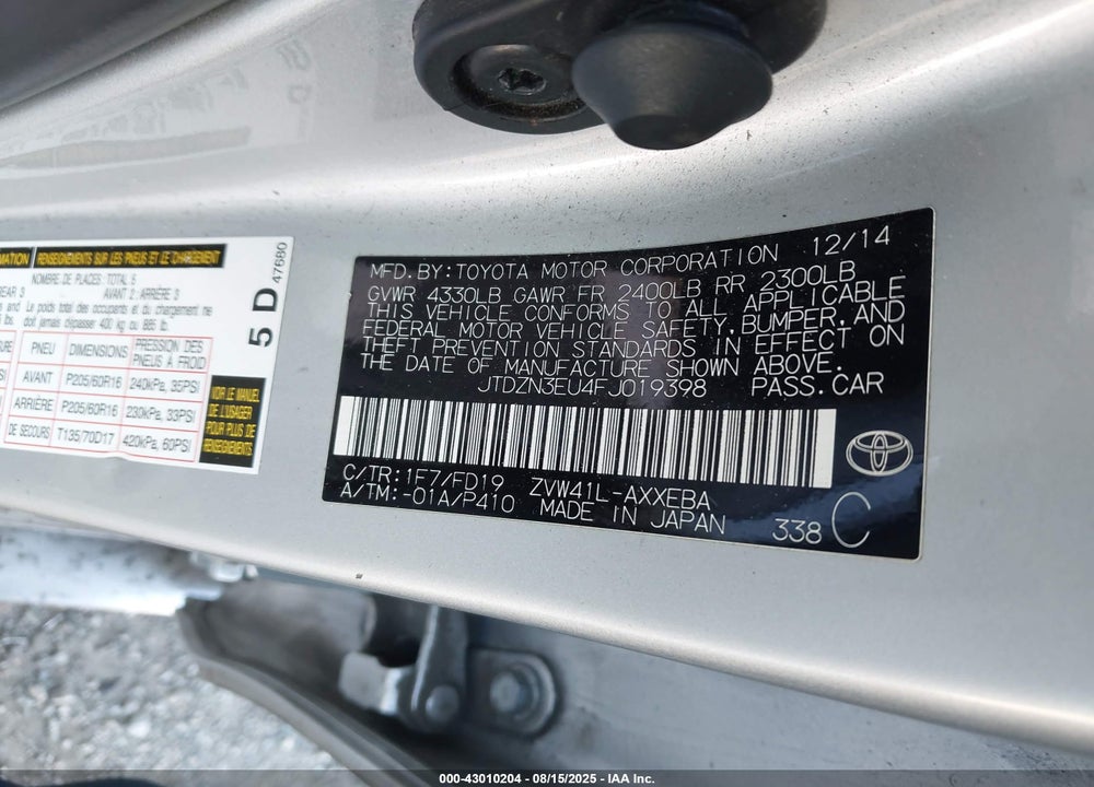 2015 TOYOTA PRIUS V VIN: JTDZN3EU4FJ019398