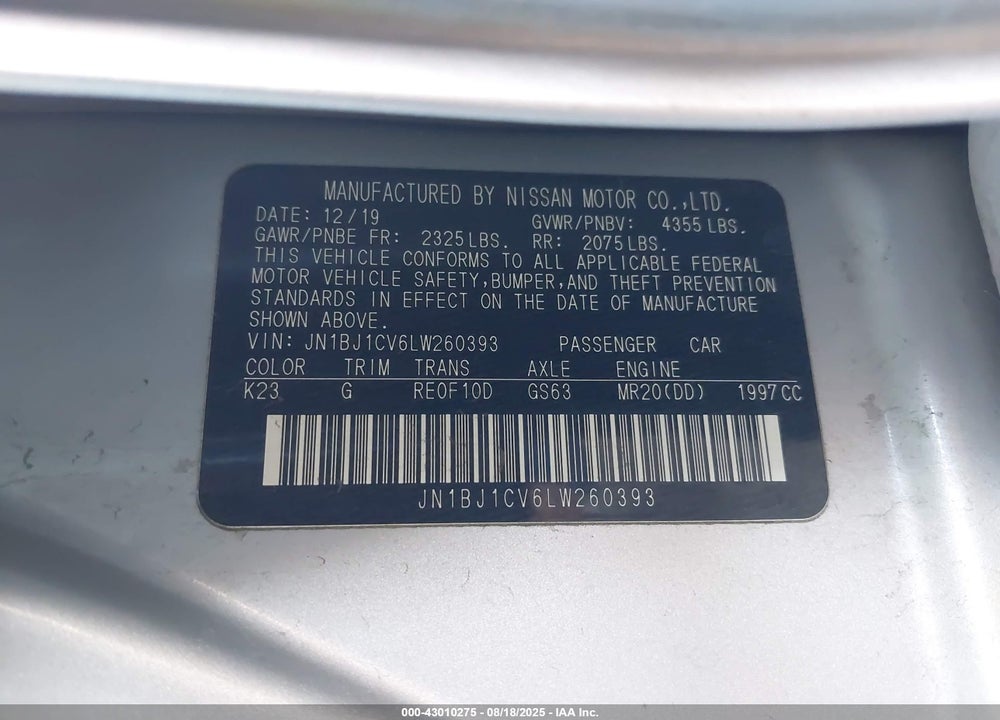2020 NISSAN ROGUE SPORT VIN: JN1BJ1CV6LW260393