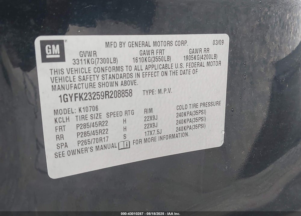 2009 CADILLAC ESCALADE VIN: 1GYFK23259R208858