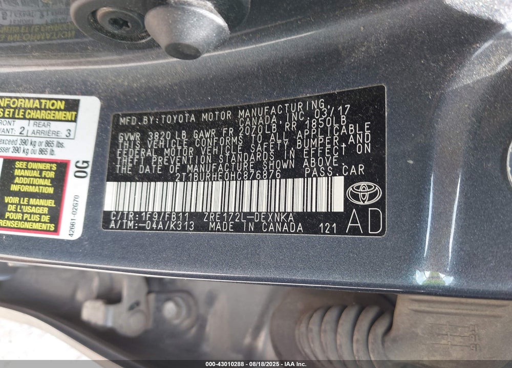 2017 TOYOTA COROLLA LE VIN: 2T1BURHE0HC876876