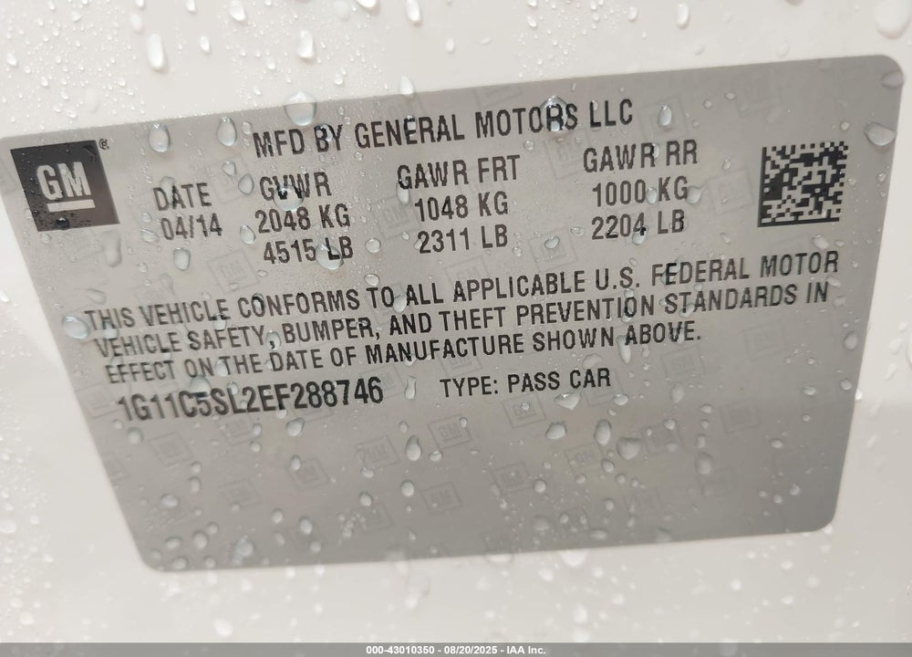 2014 CHEVROLET MALIBU VIN: 1G11C5SL2EF288746