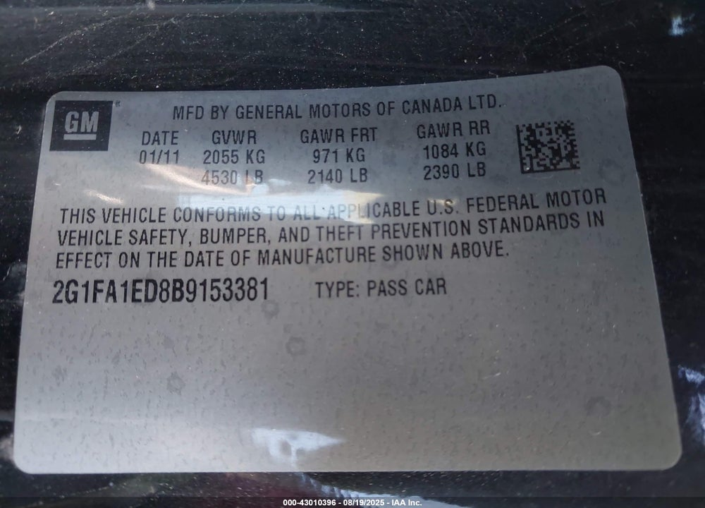 2011 CHEVROLET CAMARO VIN: 2G1FA1ED8B9153381