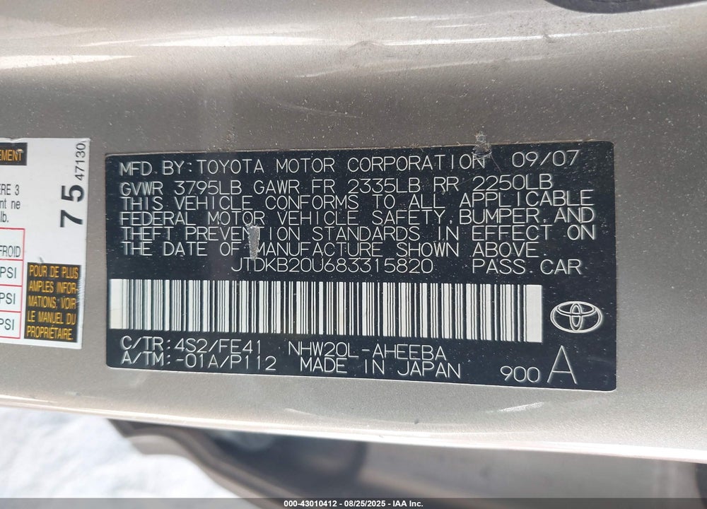 2008 TOYOTA PRIUS VIN: JTDKB20U683315820