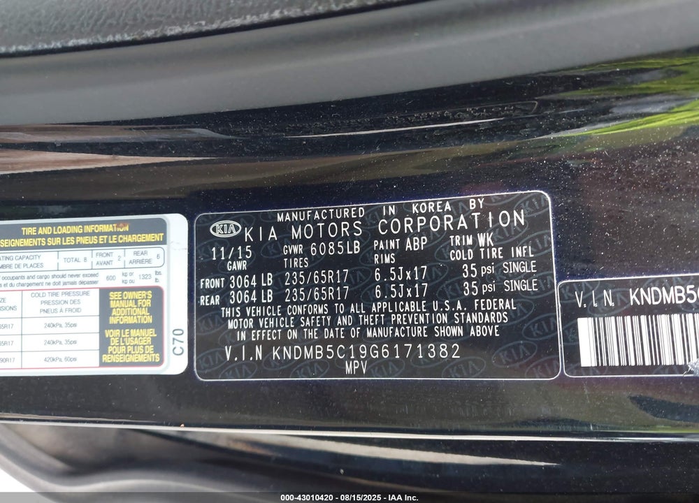 2016 KIA SEDONA LX VIN: KNDMB5C19G6171382