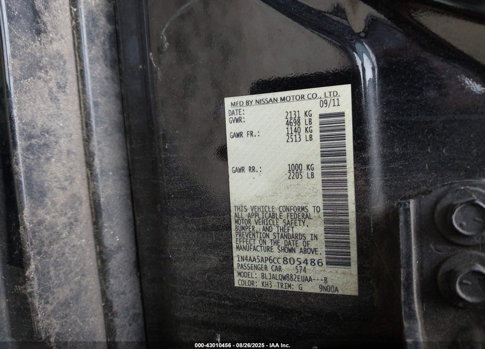 2012 NISSAN MAXIMA VIN: 1N4AA5AP6CC805486