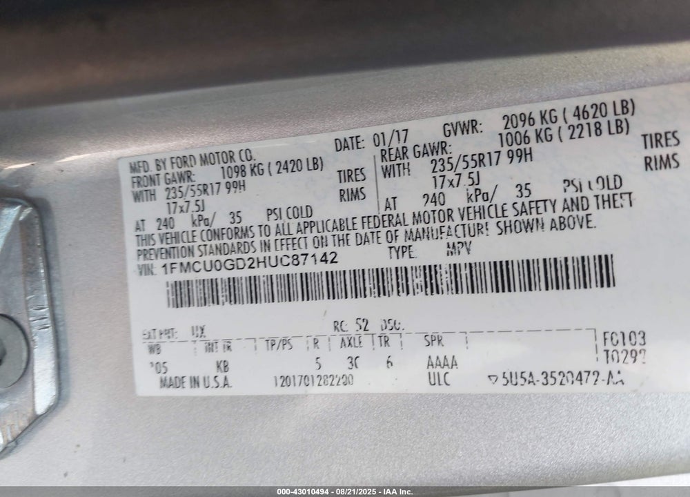 2017 FORD ESCAPE VIN: 1FMCU0GD2HUC87142