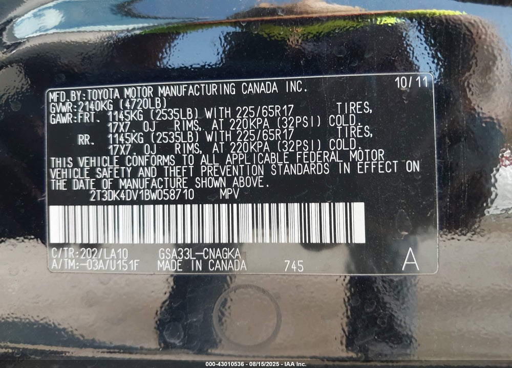 2011 TOYOTA RAV4 VIN: 2T3DK4DV1BW058710