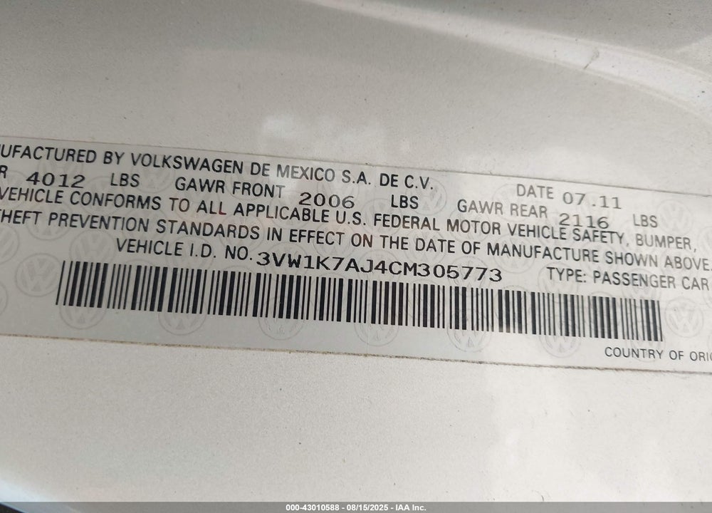 2012 VOLKSWAGEN JETTA VIN: 3VW1K7AJ4CM305773
