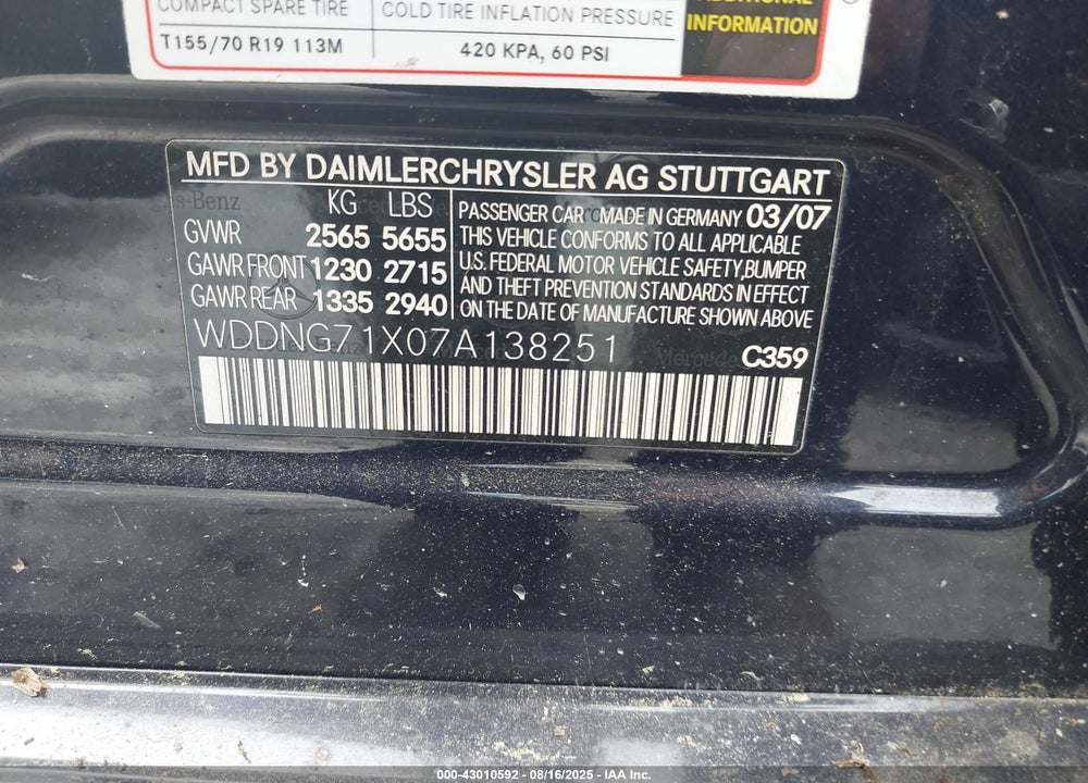 2007 MERCEDES-BENZ S 550 VIN: WDDNG71X07A138251