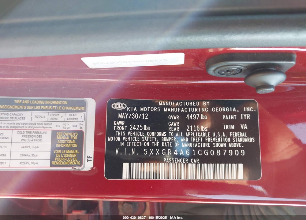 2012 KIA OPTIMA VIN: 5XXGR4A61CG087909