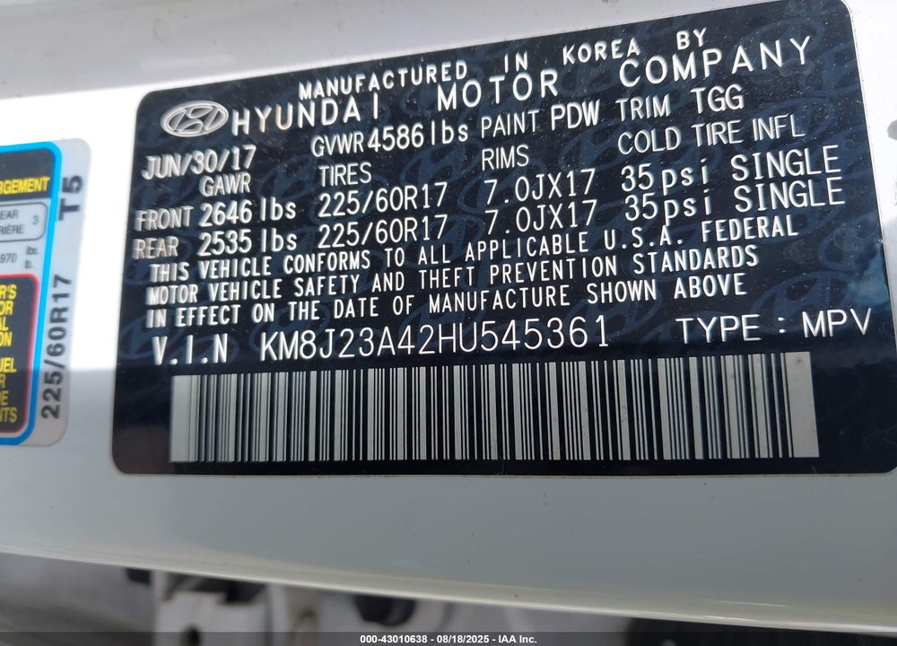 2017 HYUNDAI TUCSON VIN: KM8J23A42HU545361