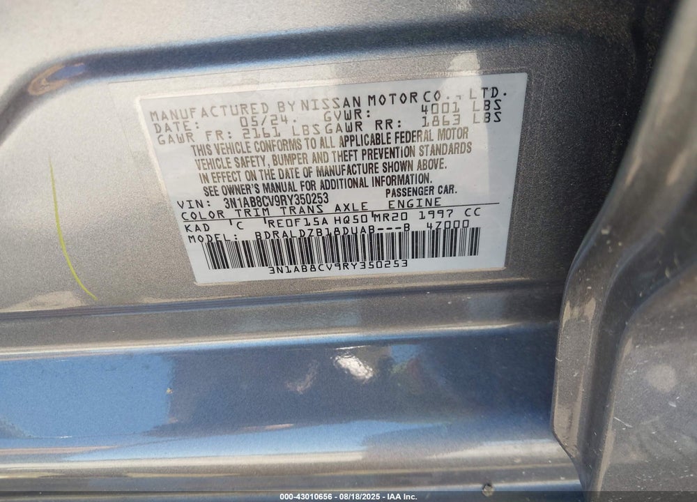 2024 NISSAN SENTRA VIN: 3N1AB8CV9RY350253
