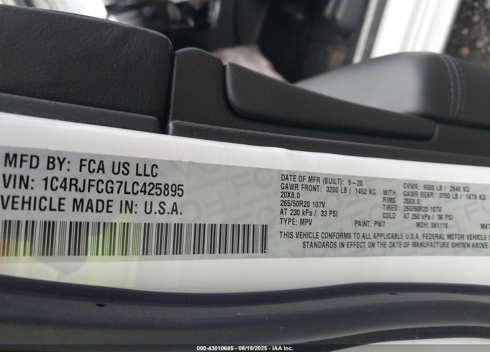 2020 JEEP GRAND CHEROKEE VIN: 1C4RJFCG7LC425895