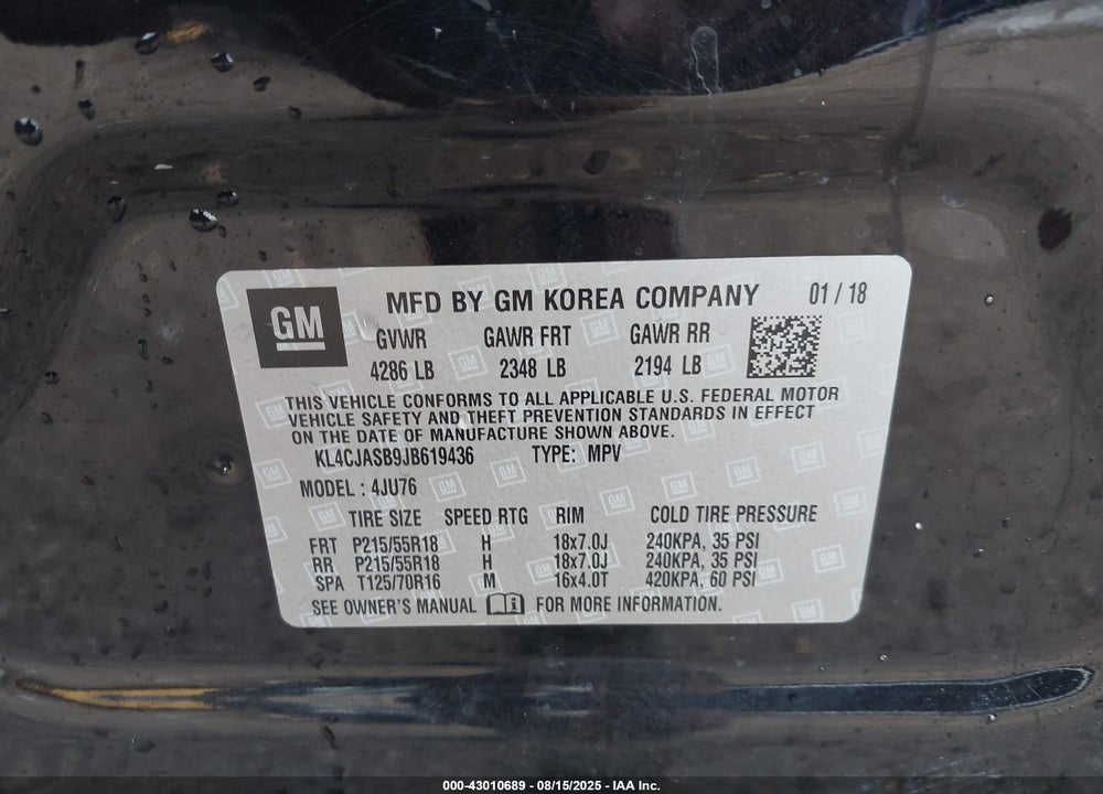 2018 BUICK ENCORE PREFERRED VIN: KL4CJASB9JB619436