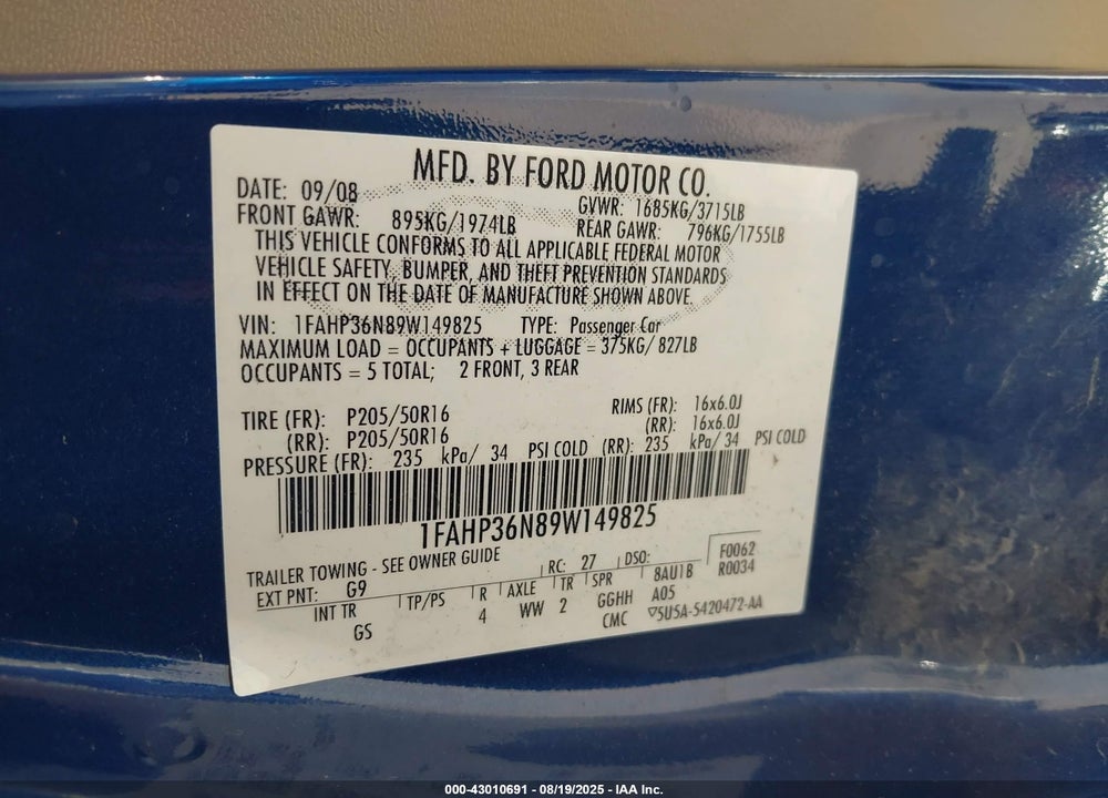 2009 FORD FOCUS VIN: 1FAHP36N89W149825