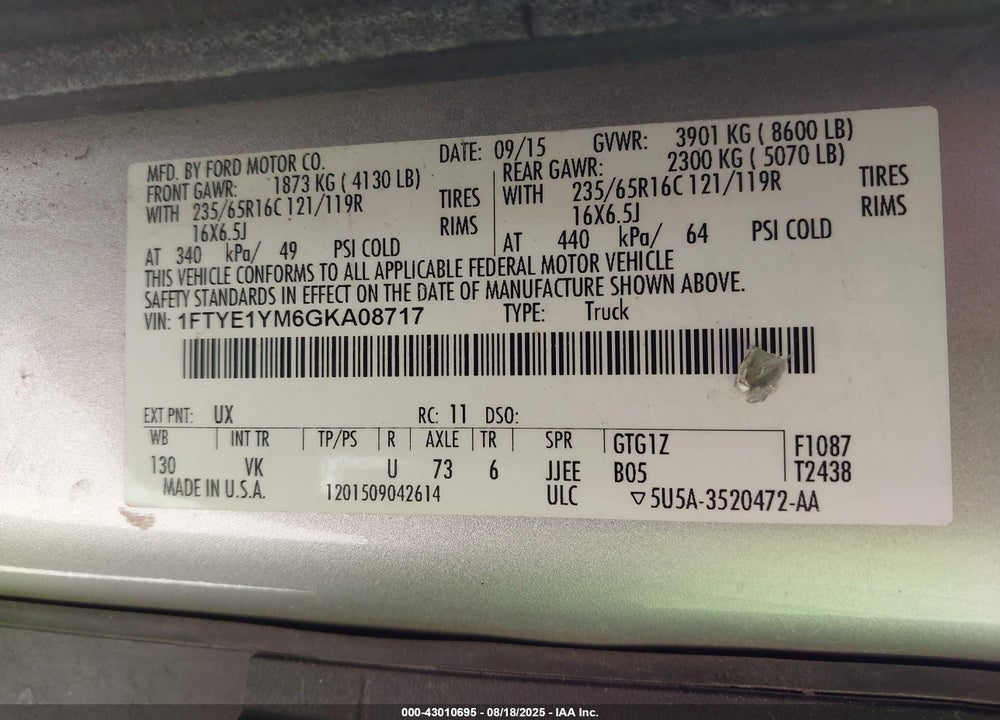 2016 FORD TRANSIT-150 VIN: 1FTYE1YM6GKA08717