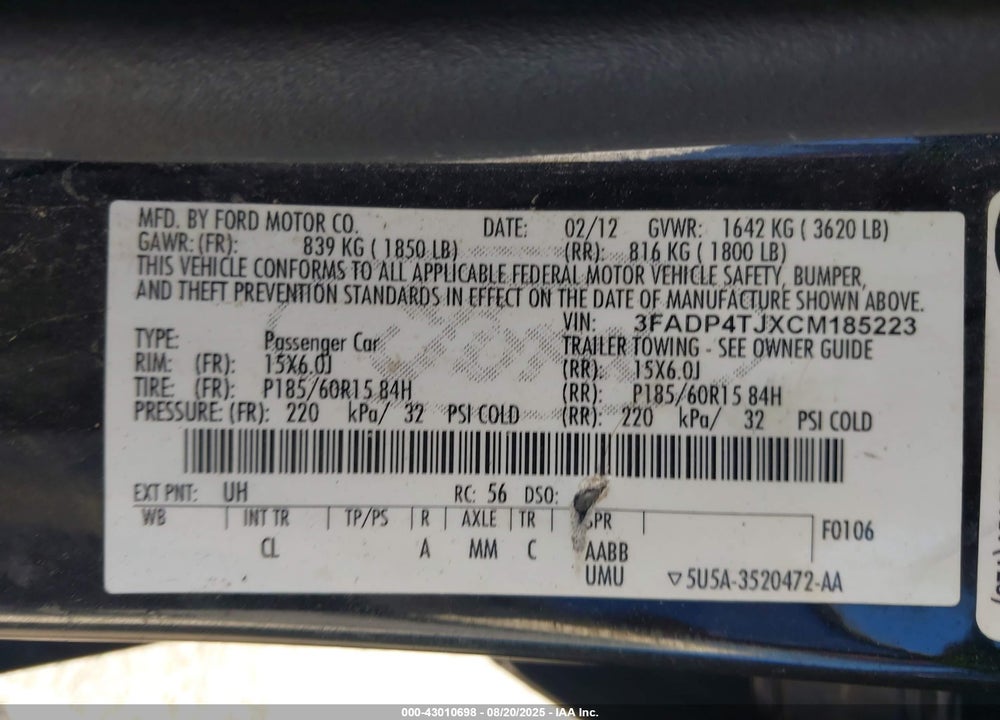 2012 FORD FIESTA S VIN: 3FADP4TJXCM185223