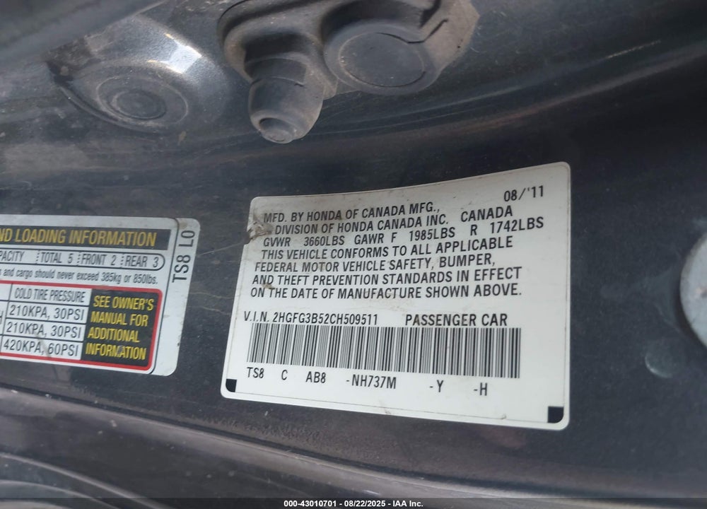 2012 HONDA CIVIC VIN: 2HGFG3B52CH509511